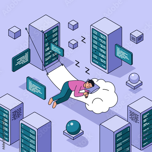 Man sleeping soundly in hammock between server racks in data center
