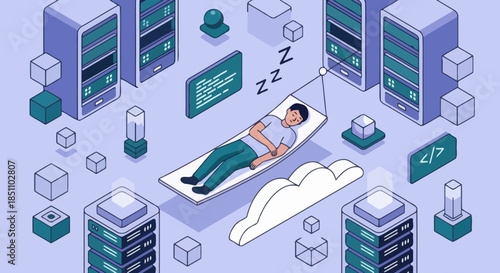 Relaxed IT Administrator Sleeping in Server Room Hammock