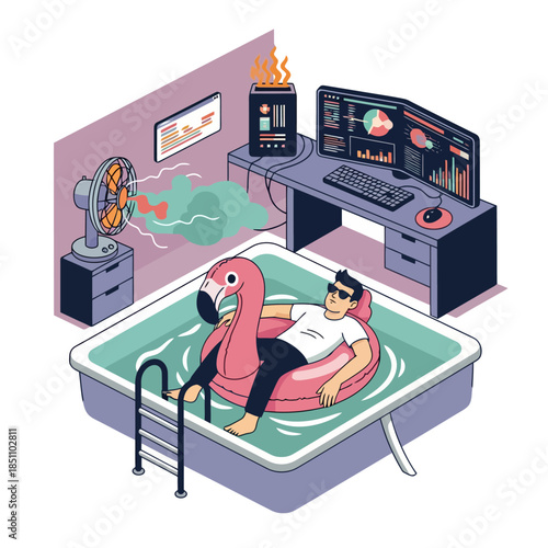 Man floating in a bathtub pool next to an overheating computer workstation