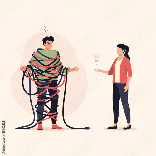 Frustrated man tangled in cables contrasted with wireless connectivity.