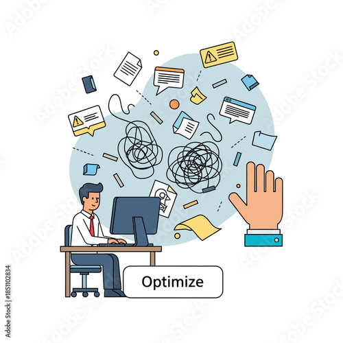 Businessman manages tangled complexity and optimizes workflow process