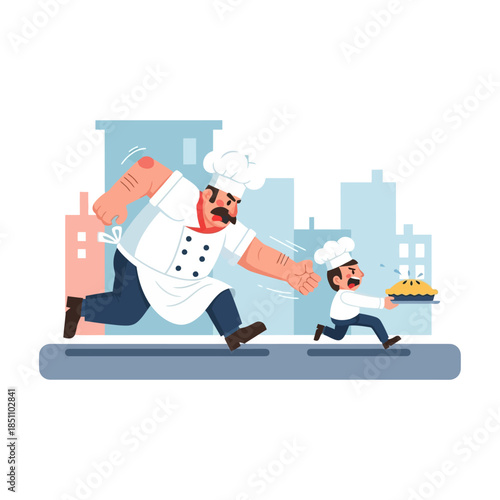 Angry Chef Chasing Fleeing Baker with a Fresh Baked Pie