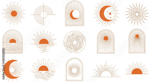 Sun and moon icon set, celestial line art designs, sunrise sunset symbols, minimal geometric style, flat vector illustration