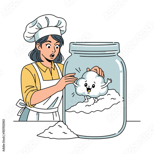 Baker and fluffy cloud mascot standing in flour jar illustration