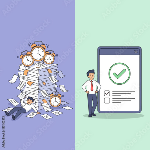 Comparison: Overwhelmed by paperwork vs successful digital task management.
