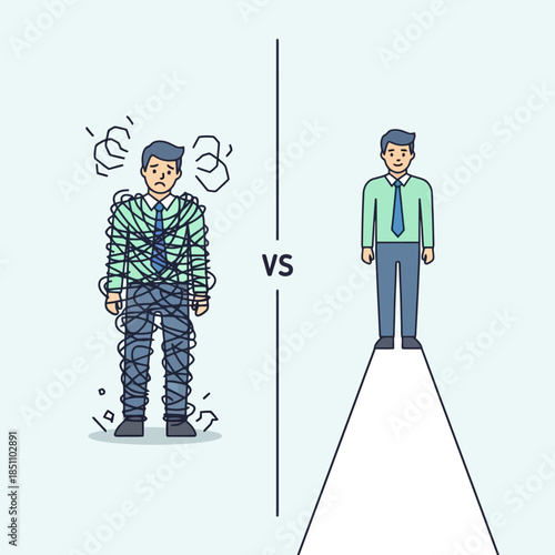 Trapped Businessman Tied Up Versus Free Successful Employee