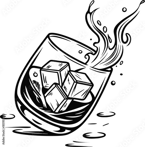 Vector engraved style Old Fashioned alcoholic cocktail illustration for posters, decoration, menu and print. Hand drawn sketch of drink or beverage. Detailed drawing isolated on white background.