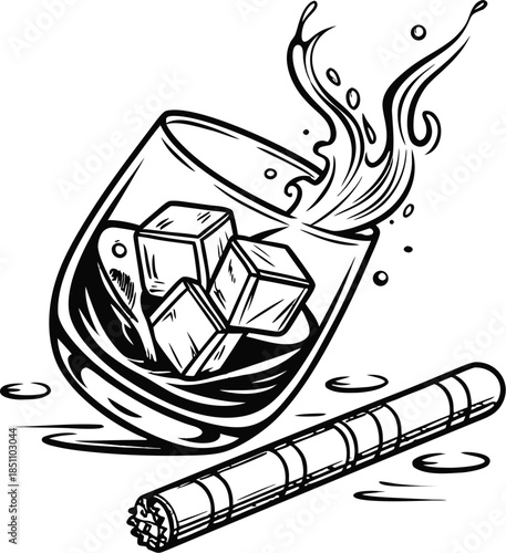 Vector engraved style Old Fashioned alcoholic cocktail illustration for posters, decoration, menu and print. Hand drawn sketch of drink or beverage. Detailed drawing isolated on white background.