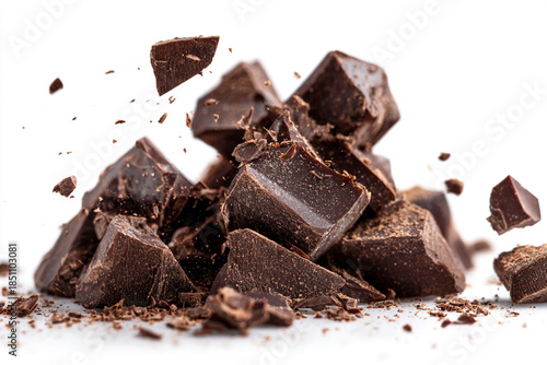 Dark chocolate pieces breaking and flying in mid air
