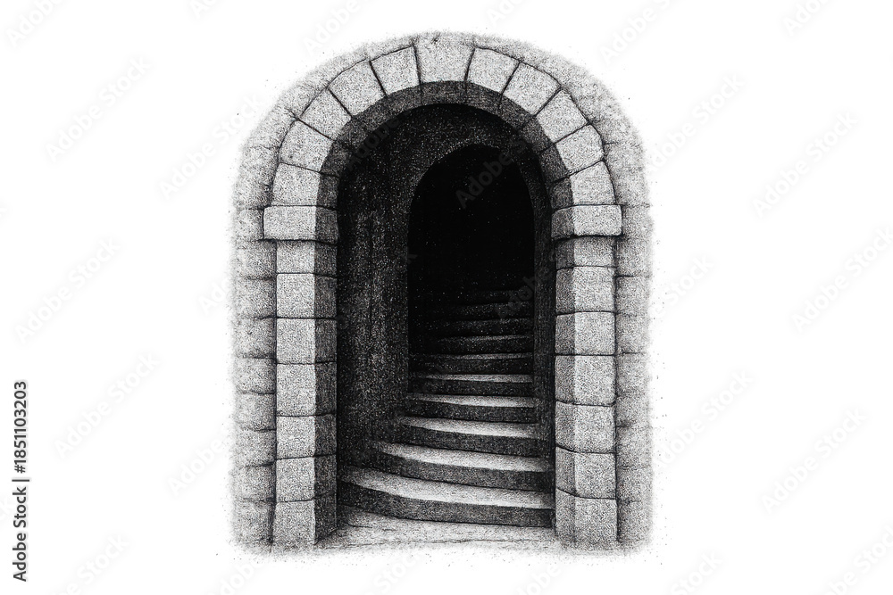 Fototapeta premium Stone arched doorway with winding stairs leading into a dark mysterious passage, on transparent background