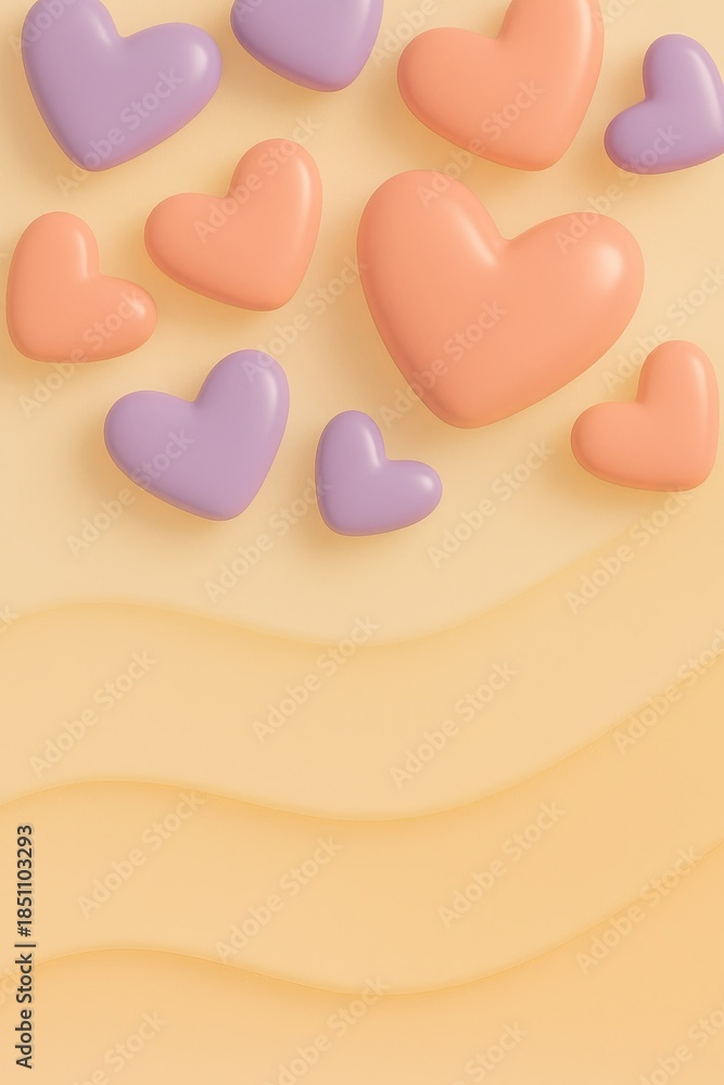 Obraz premium Decorative abstract background with glossy 3D pastel hearts arranged across a warm yellow wavy surface. Romantic modern design without copy space, suitable for Valentine’s Day visuals, wallpapers, pac