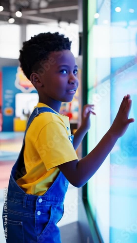 Young Boy Interacting With Interactive Display Screen, Learning and Having Fun