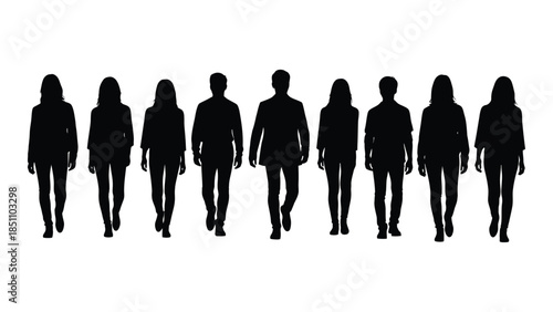 A line of people walking forward depicted as dark shapes against a white background silhouette
