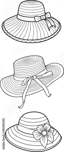 Summer Hat Collection: A trio of stylish sun hats, each adorned with a unique ribbon or floral detail. Ideal for fashion, accessorizing, and summer lifestyle concepts.