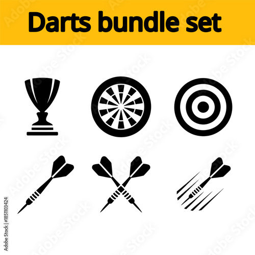 Minimal Black Darts Icons Set with Target Board, Bullseye, Trophy and Player Silhouette