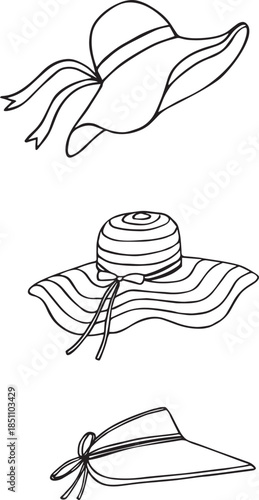 Stylish Summer Hats: Featuring three distinct sun hats designed for the warmth and brightness of summer days, offering both elegance and practicality for outdoor activities.