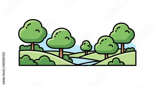 Serene Cartoon Landscape with Rolling Hills, Trees, and Winding Stream in Green Nature Reserve Park