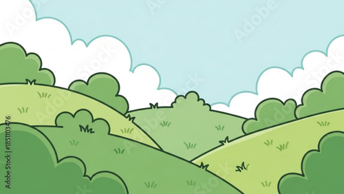Rolling Green Hills Under a Bright Blue Sky with Fluffy White Clouds Landscape Scene