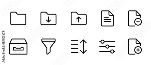 file folder icon set for document storage organization download upload data filter sort and management design