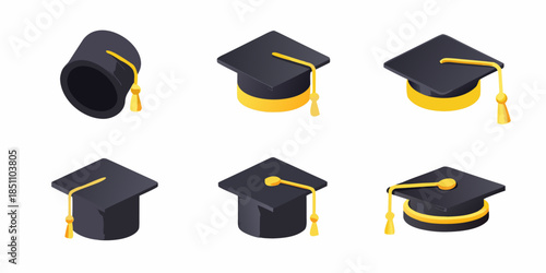 A collection of black graduation caps with gold tassels in varying perspectives