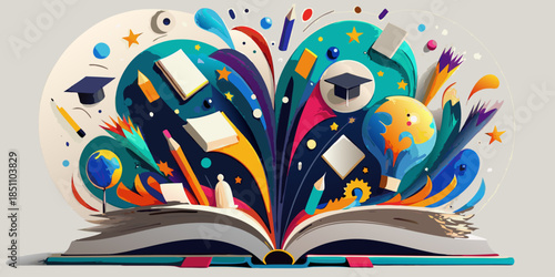 An explosion of knowledge books globes and graduation caps celebrate learning