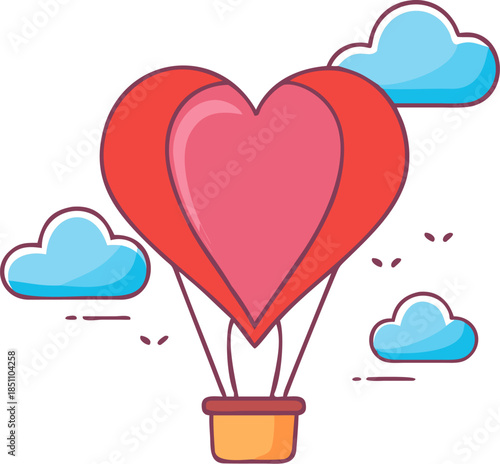 Heart shaped hot air balloon flying in sky with clouds, romantic illustration for valentine's day, wedding, or travel, whimsical journey of love and adventure, freedom and happiness graphic