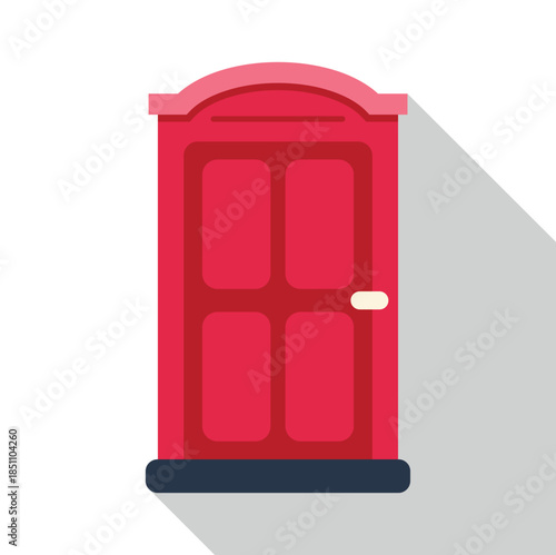 Red portable toilet providing temporary public restroom facilities with long shadow