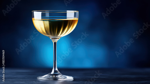 Fluid golden liquid movement in cocktail glass shines brightly with elegant reflection on dark blue background