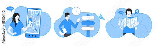 mobile phone searching route gps map app man girl choose people