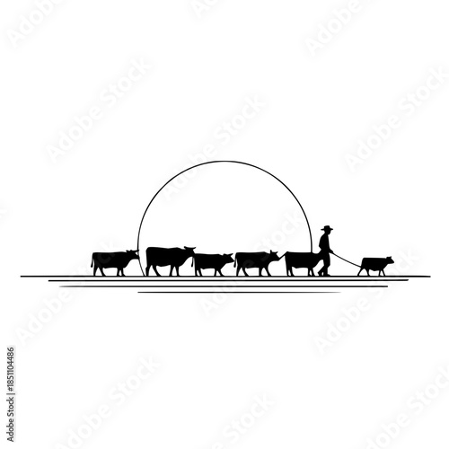 Silhouette of cowboy herding cattle livestock at sunset farm ranch illustration vector graphic design art
