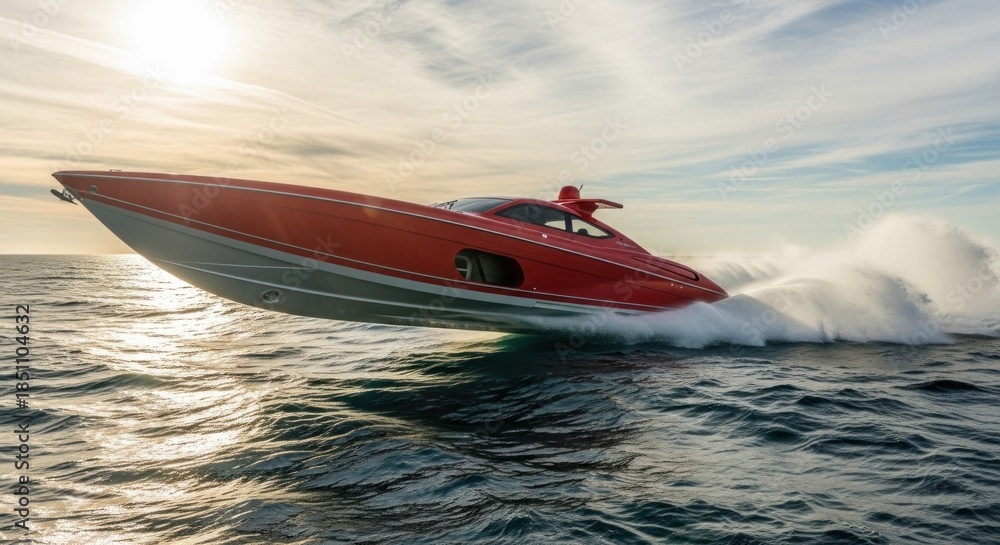 Fototapeta premium A red and gray speedboat with a sleek, modern design, cutting through the water with a powerful wake, leaving a trail of white foam.