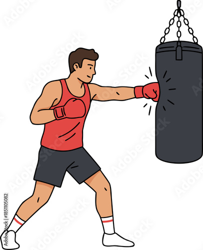 Boxer Training with Punching Bag Cartoon Vector Illustration