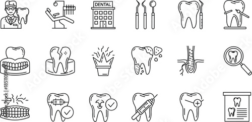 Dental care line icons set featuring dentist clinic tools teeth treatment orthodontics hygiene oral health medical symbols illustration