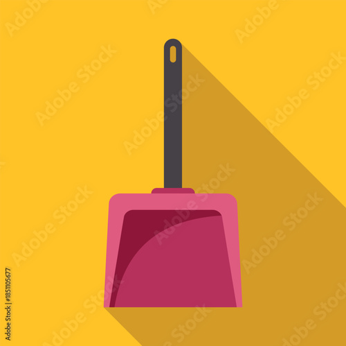 Pink dustpan with a long shadow on an orange background, representing household cleaning