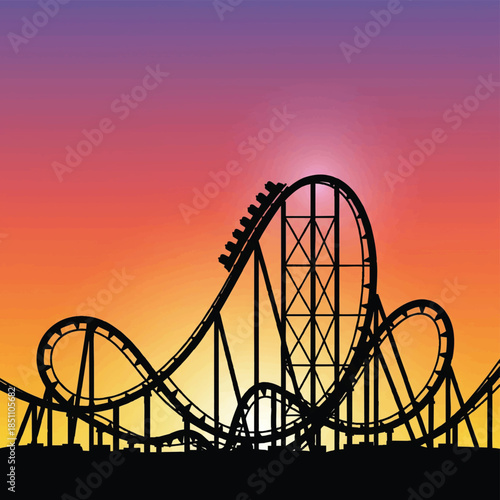 Roller Coaster Silhouette at Sunset Amusement Park Thrill Ride Vector