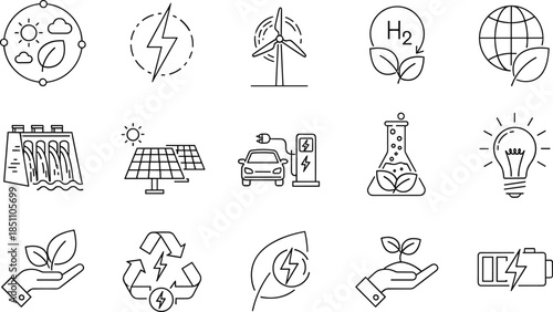 Renewable energy line icons set featuring solar wind hydro electric vehicle battery recycling eco sustainability concepts green power technology symbols