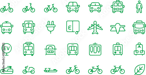 Monoline Green Transport Outline Icons Vector – Single Stroke, SVG Ready, EV Symbols, Minimal Line Art, Vector design