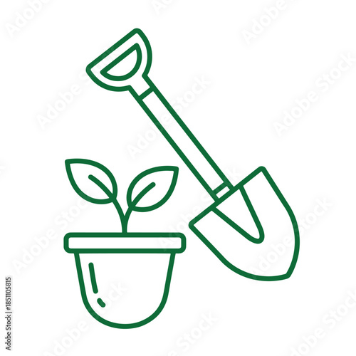 Green watering can pouring water on a potted plant with leaves