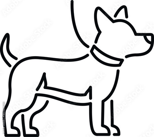 Line art icon representing a dog standing with a collar and leash