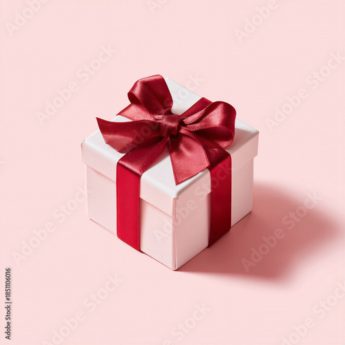 Elegant pink gift box with a red ribbon bow on a white background, perfect for special occasions and celebrations.