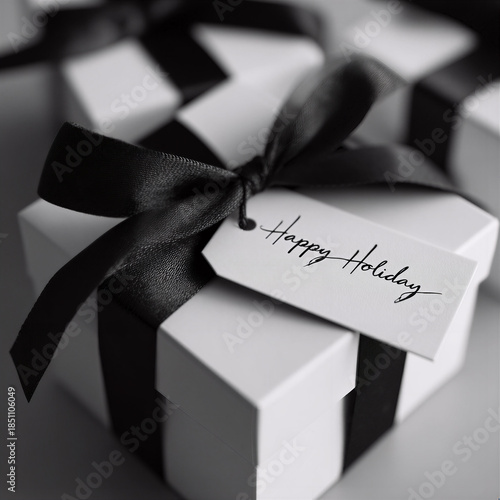 Elegant white gift boxes with black ribbons and a 'Happy holidays' tag, perfect for festive celebrations and minimalist aesthetics. 
