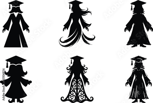 Graduate silhouette illustration set, academic gown styles, cad drawing flat vector artwork design