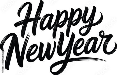 Black brush lettering spells out Happy New Year on a crisp white surface with elegant script