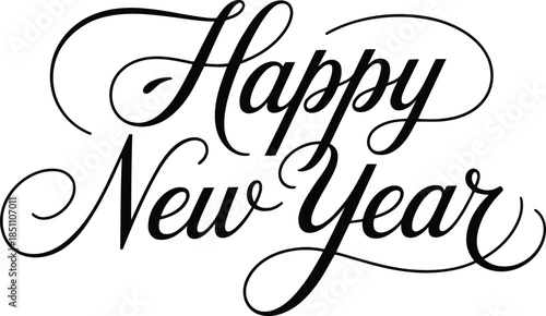 Elegant black cursive typography wishes Happy New Year with a celebratory and stylish handwritten script