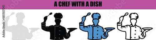 Chef Cooking Meal Silhouette Line Art Dot Dotted Illustration for Menu Design, Logo and Commercial Use. Chef at Work Cooking Food Silhouette Line Art Dot Dotted Illustration for Culinary Branding