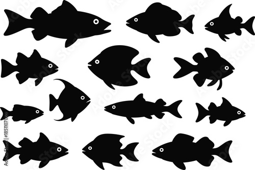 Fish silhouette icon set with various sea and freshwater species, black minimal vector illustration for marine and aquatic design