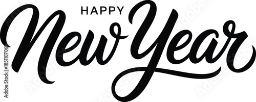 Elegant handwritten Happy New Year greeting in sleek black cursive script, conveying warm wishes for a fresh start