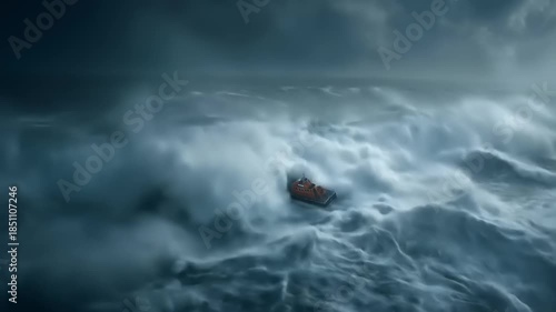 Small vessel navigating rough seas under stormy skies