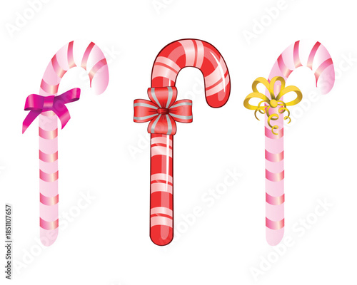 Christmas Candy Canes with Decorative Bows Isolated on White