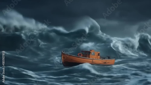 Small orange boat navigating rough sea under dramatic stormy skies